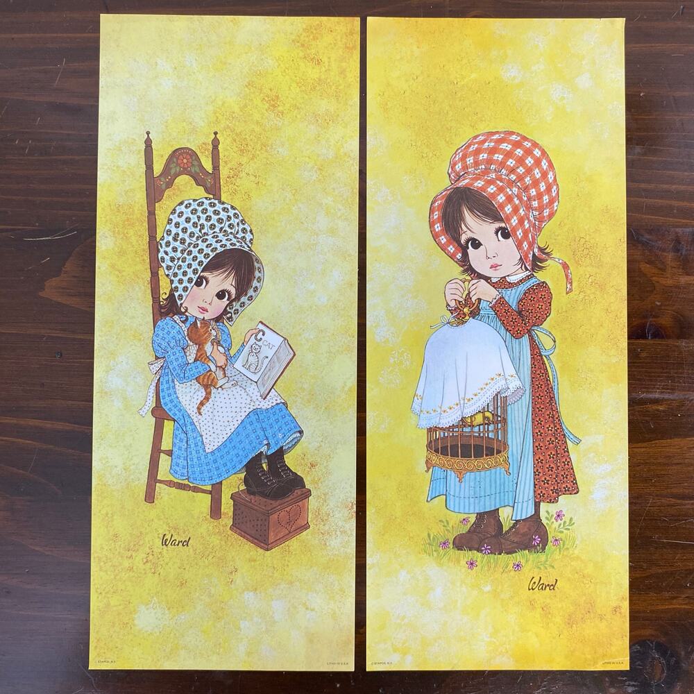 Vintage 1970s Big Eye Girl Prints (Set of 2) by Ward - Kitsch Cottagecore Decor